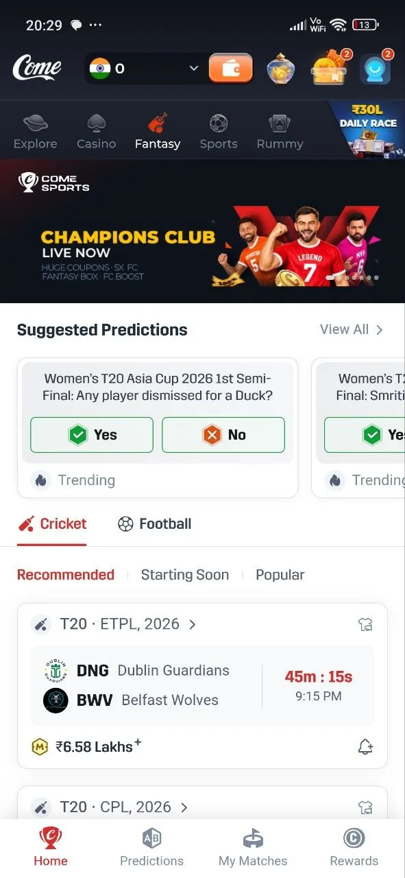 COME Fantasy screen with the Cricket tab selected and a T20 match card showing teams, countdown and start time