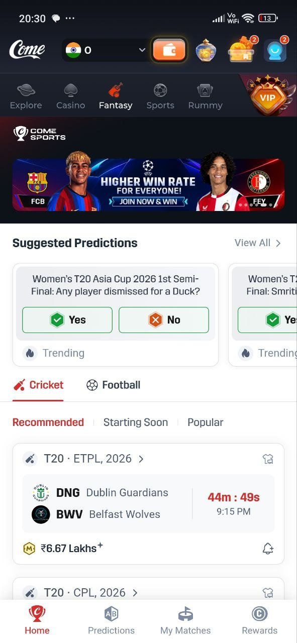 COME Fantasy and Predictions screen