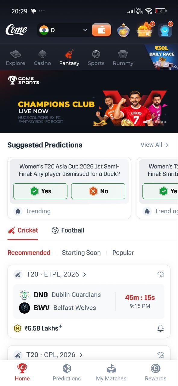 COME Fantasy match screen